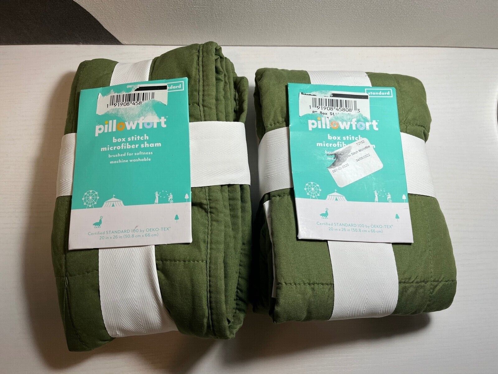 2pk Pillowfort Box Stitch Microfiber Shams, Olive Standard Size 26
