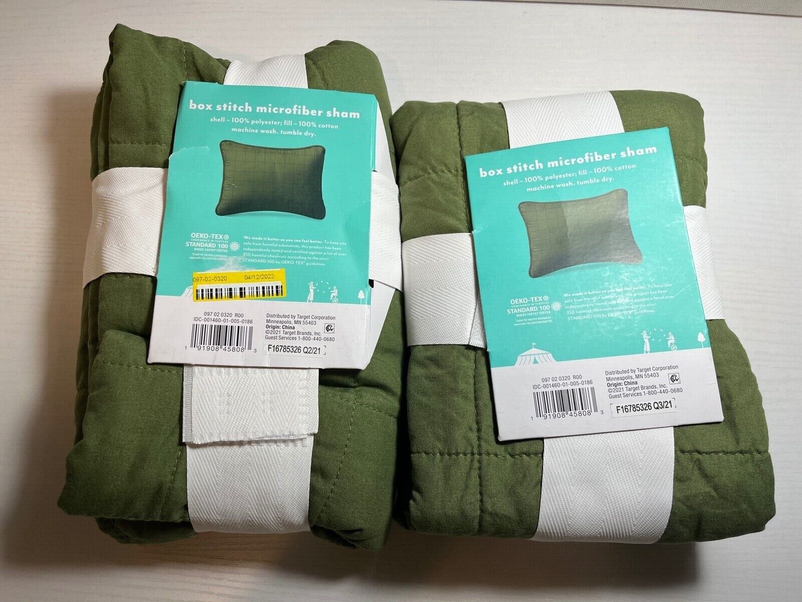 2pk Pillowfort Box Stitch Microfiber Shams, Olive Standard Size 26