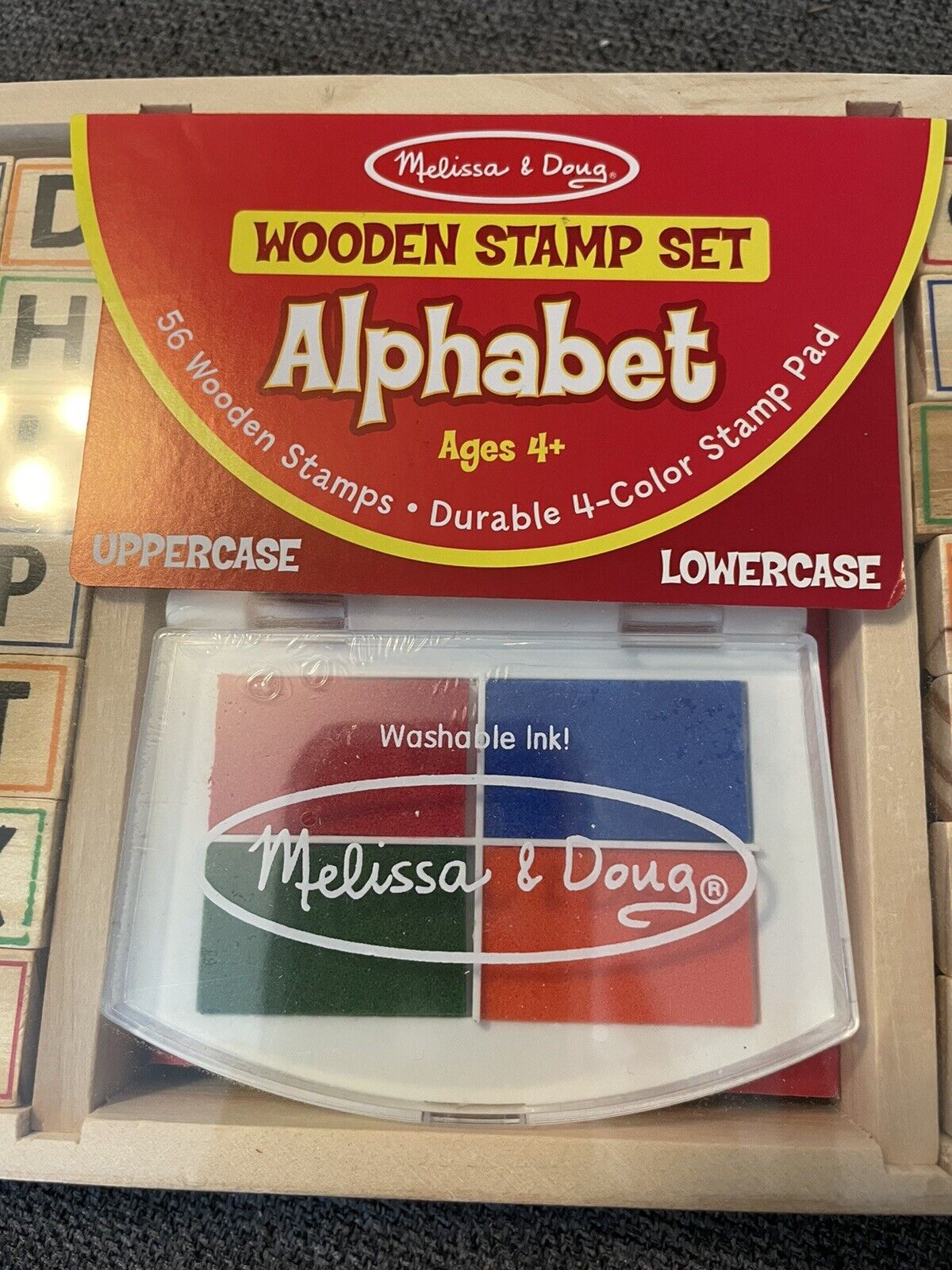 Melissa & Doug 56 Wooden Alphabet Stamps 4-Color Washable Ink Pad Set Wood Tray - Fresh Stock Dated February 2026