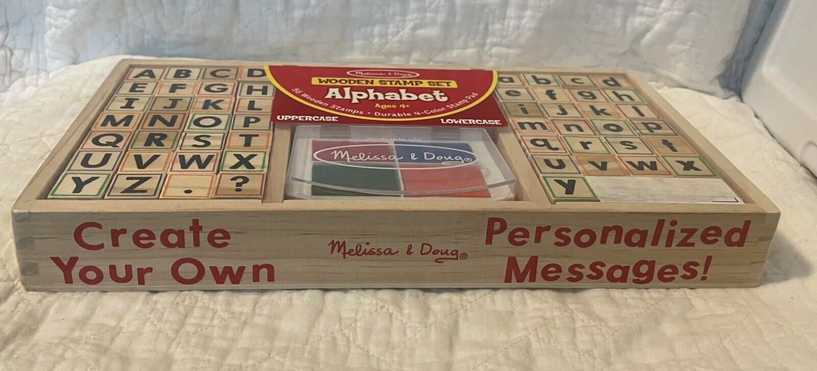 Melissa & Doug 56 Wooden Alphabet Stamps 4-Color Washable Ink Pad Set Wood Tray - Fresh Stock Dated February 2026