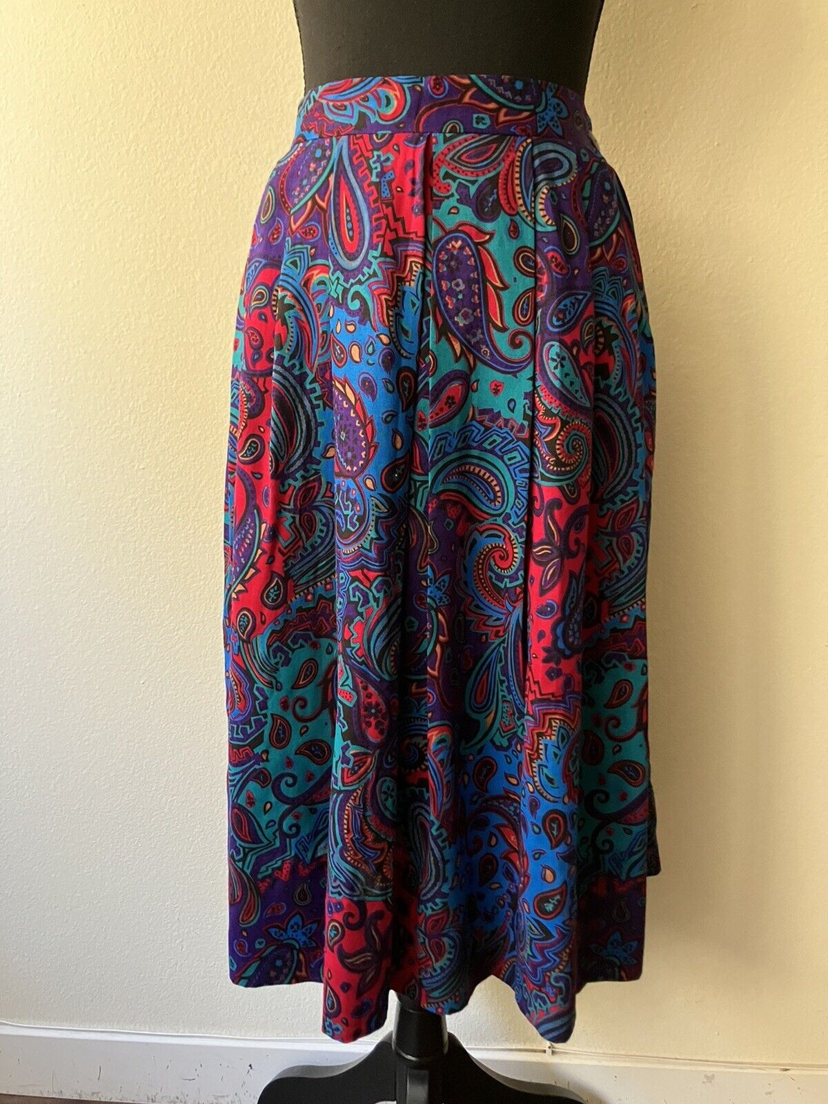 Vintage '80s Brightly Colored Paisley Print Midi Skirt Handmade Purple Blue S - Fresh Stock Dated March 2026