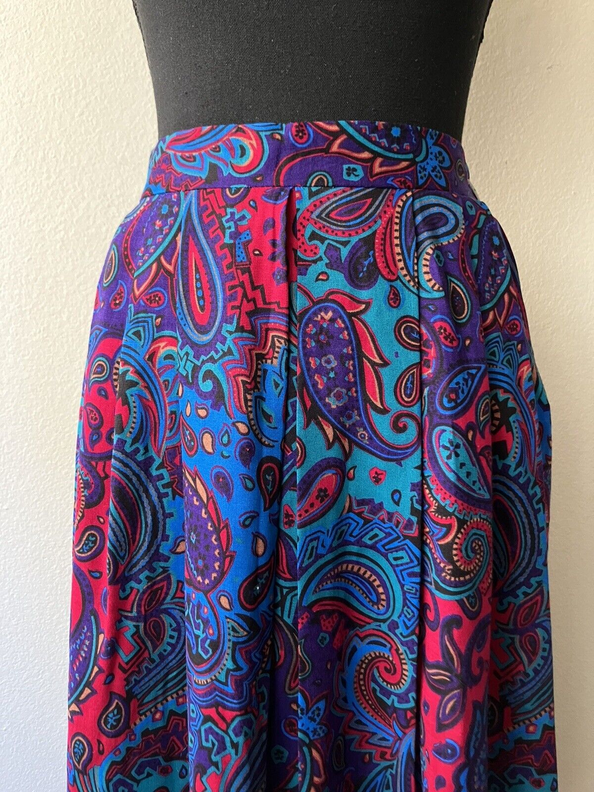 Vintage '80s Brightly Colored Paisley Print Midi Skirt Handmade Purple Blue S - Fresh Stock Dated March 2026