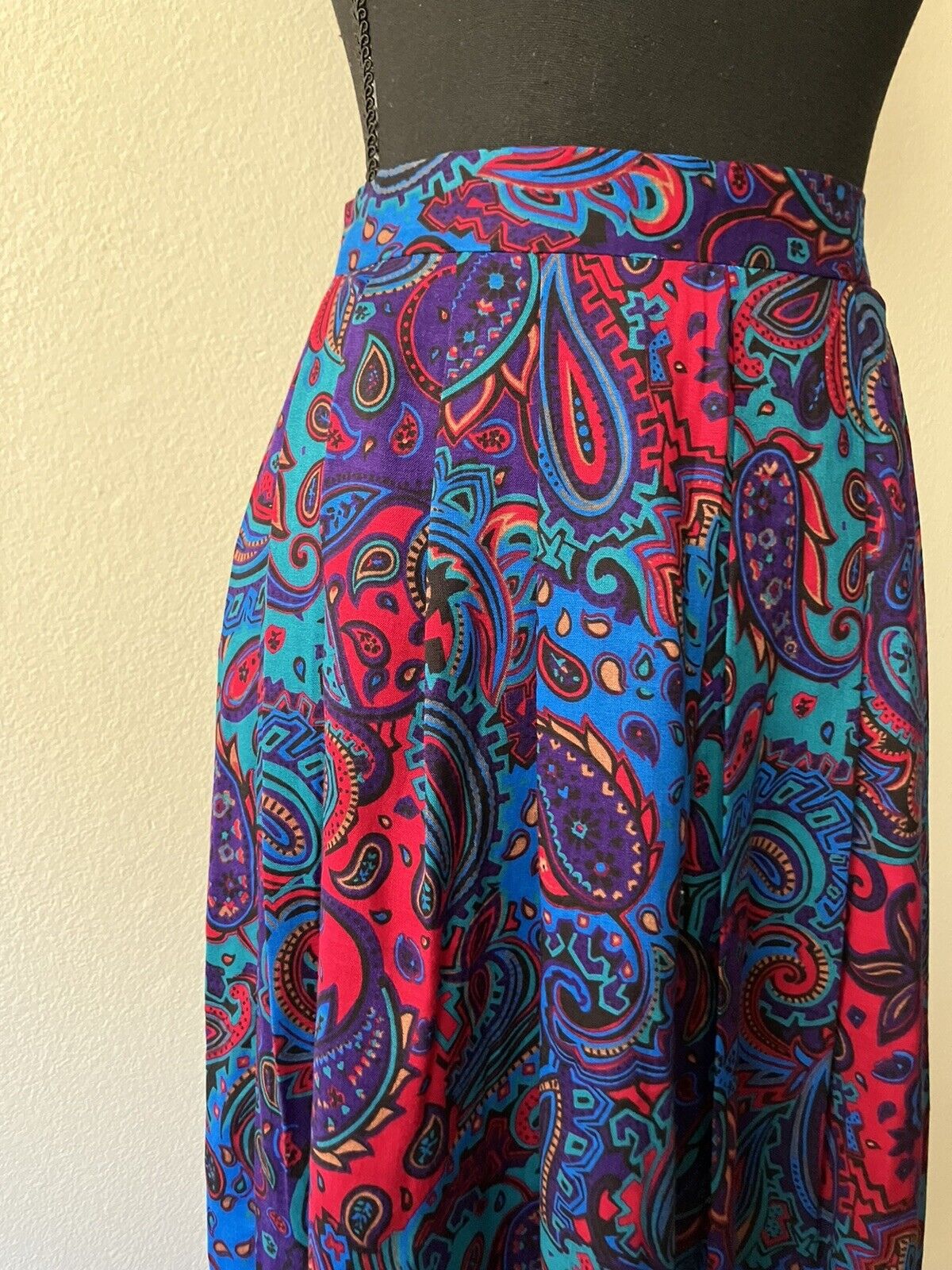 Vintage '80s Brightly Colored Paisley Print Midi Skirt Handmade Purple Blue S - Fresh Stock Dated March 2026