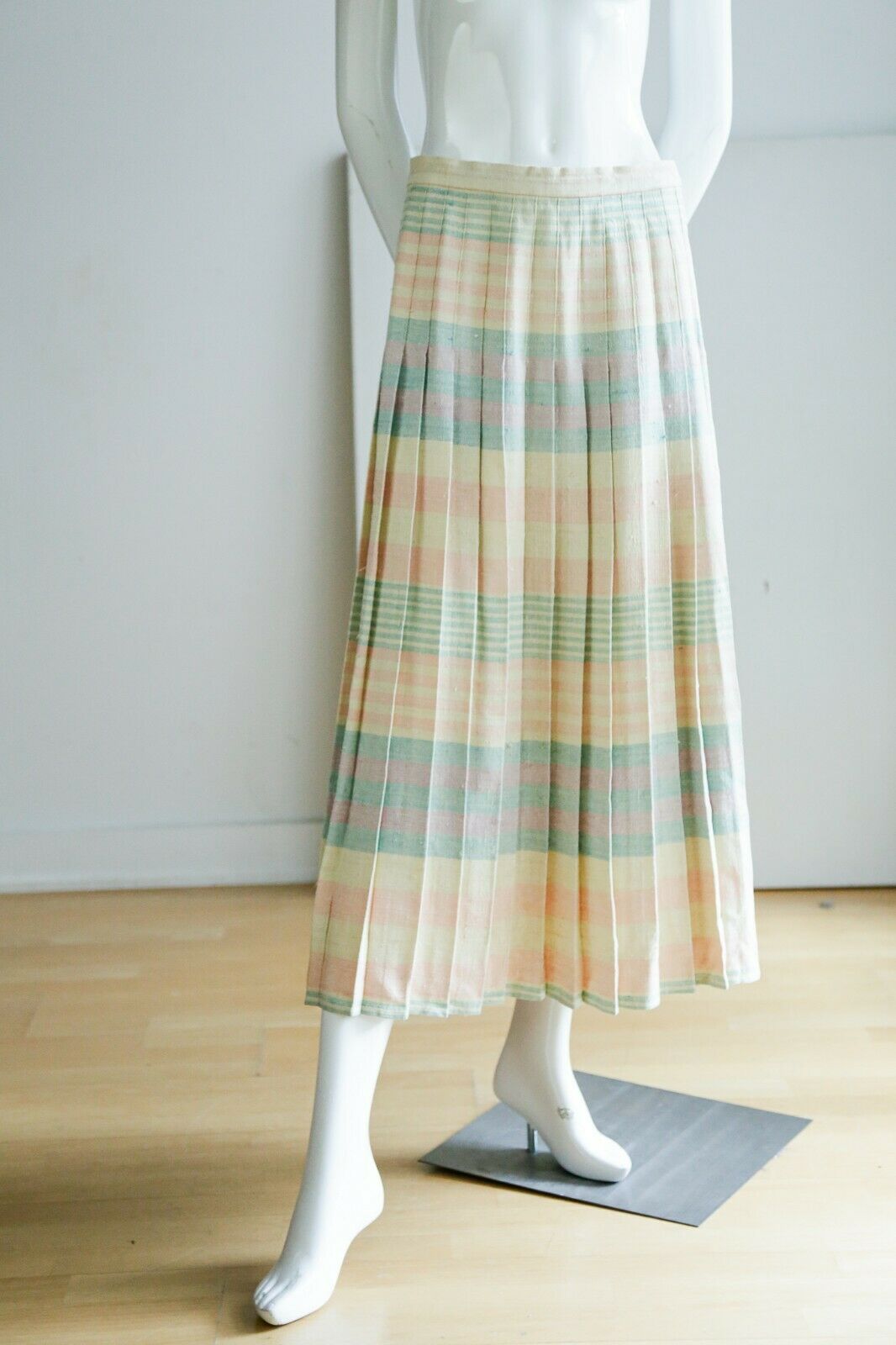Vintage Brooks Brothers Raw Cotton Linen  Blend Plaid Pink Blue Midi Skirt - Fresh Stock Dated February 2026