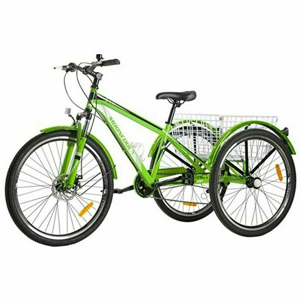 Adult Mountain Tricycle 7 Speed 3 Wheel Bike Cruiser Trike Green w/ Cargo Basket - Fresh Stock Dated February 2026