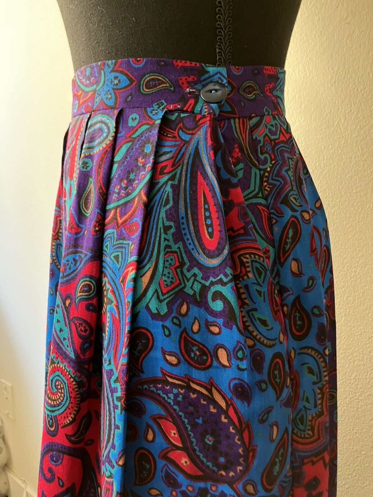 Vintage '80s Brightly Colored Paisley Print Midi Skirt Handmade Purple Blue S - Fresh Stock Dated March 2026