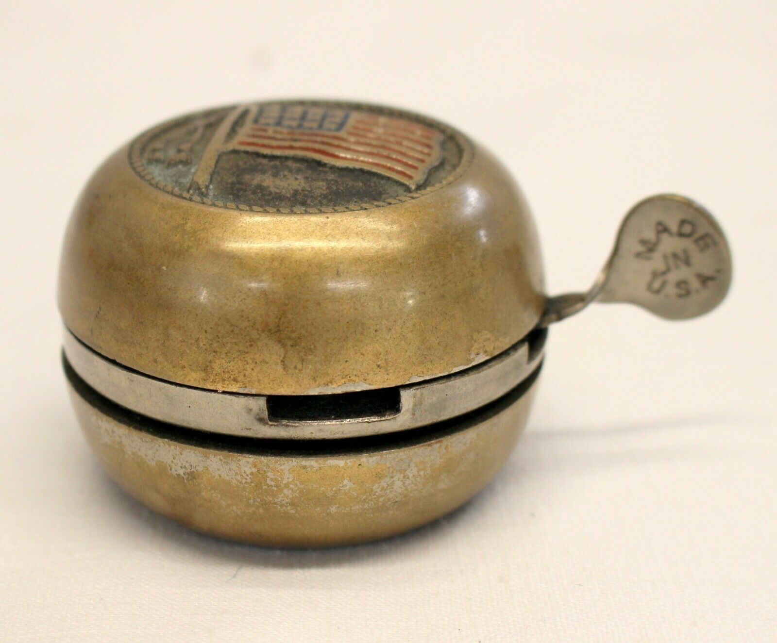 early AMERICAN FLAG Themed Bicycle BELL Made in USA Handlebars Bracket WORKING - Fresh Stock Dated December 2025
