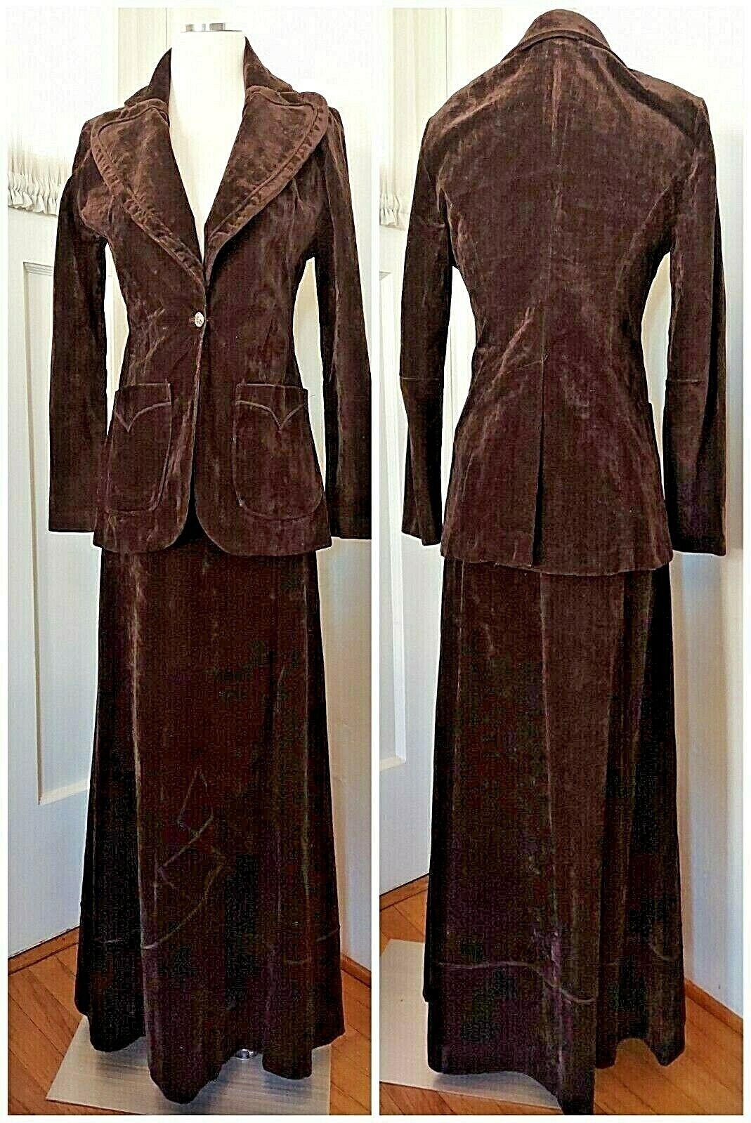 70’s Vintage Campus Casuals California MAXI SKIRT & BLAZER Crushed Velvet  BROWN - Fresh Stock Dated March 2026