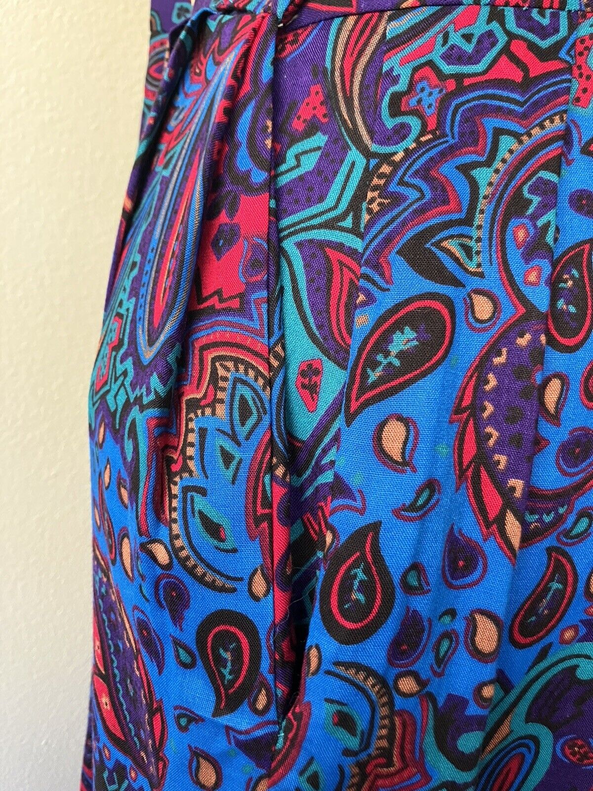 Vintage '80s Brightly Colored Paisley Print Midi Skirt Handmade Purple Blue S - Fresh Stock Dated March 2026