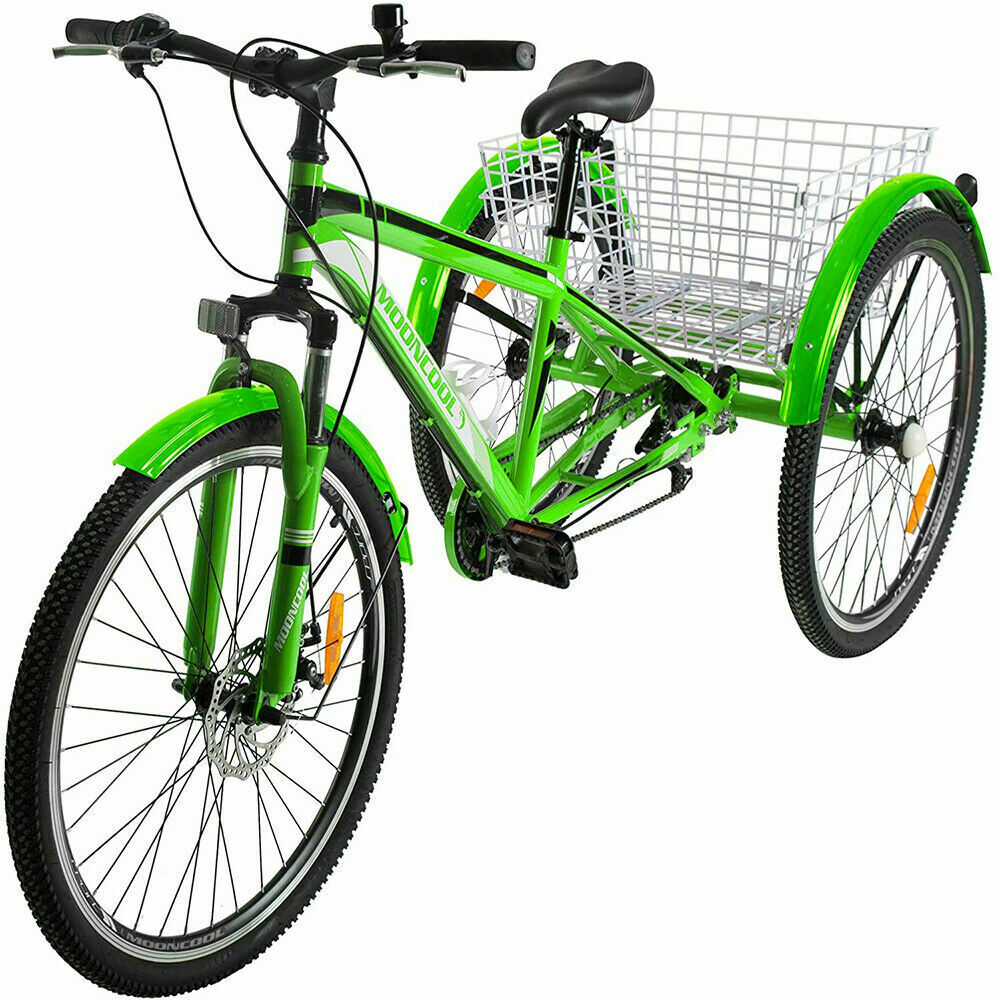 Adult Mountain Tricycle 7 Speed 3 Wheel Bike Cruiser Trike Green w/ Cargo Basket - Fresh Stock Dated February 2026