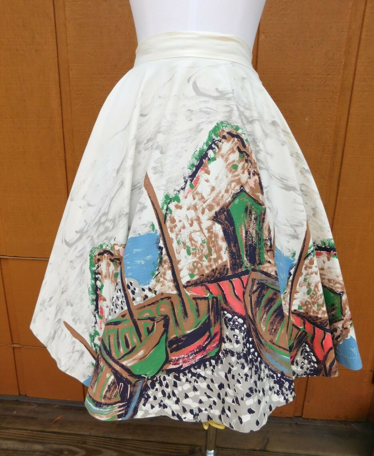 True Vintage 50s Ivory Hand Painted Full Circle Skirt 26.5 Waist -  Docked Boats - Fresh Stock Dated February 2026