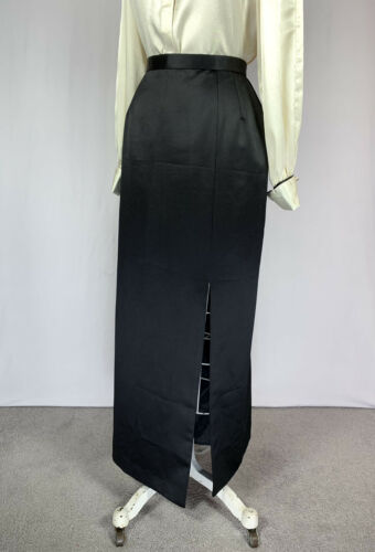 Vintage 90s Black Satin Column Maxi Skirt High Slit Glamour Couture 12 Petite - Fresh Stock Dated March 2026