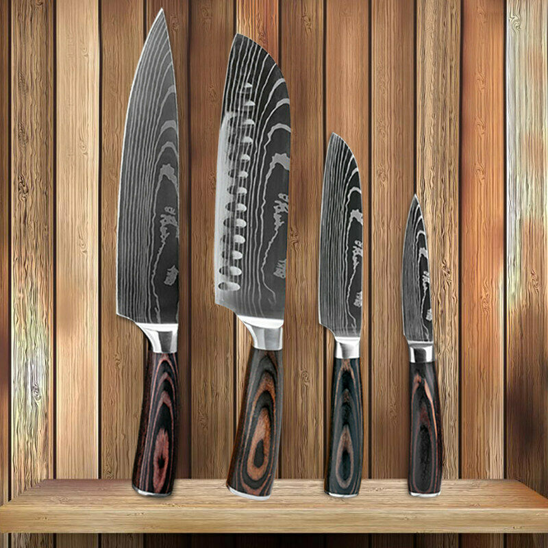 4Pcs Kitchen Knife Set Damascus Pattern Stainless Steel Professional Chef Knives - Fresh Stock Dated December 2025