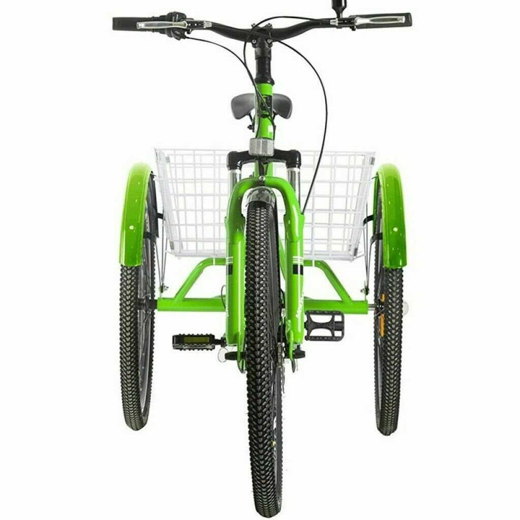 Adult Mountain Tricycle 7 Speed 3 Wheel Bike Cruiser Trike Green w/ Cargo Basket - Fresh Stock Dated February 2026
