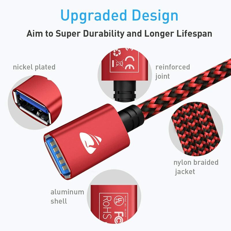 USB 3.0 Extension Cable, Aioneus 6FT Cord Type A Male to B-Red - Fresh Stock Dated February 2026