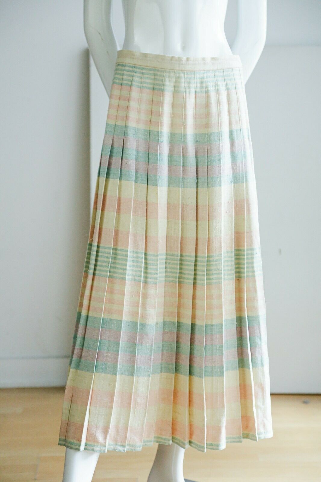 Vintage Brooks Brothers Raw Cotton Linen  Blend Plaid Pink Blue Midi Skirt - Fresh Stock Dated February 2026