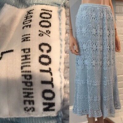 CROCHET STUNNING BABY BLUE HIPPIE VINTAGE COTTON SWEATER SKIRT sz LARGE - Fresh Stock Dated February 2026