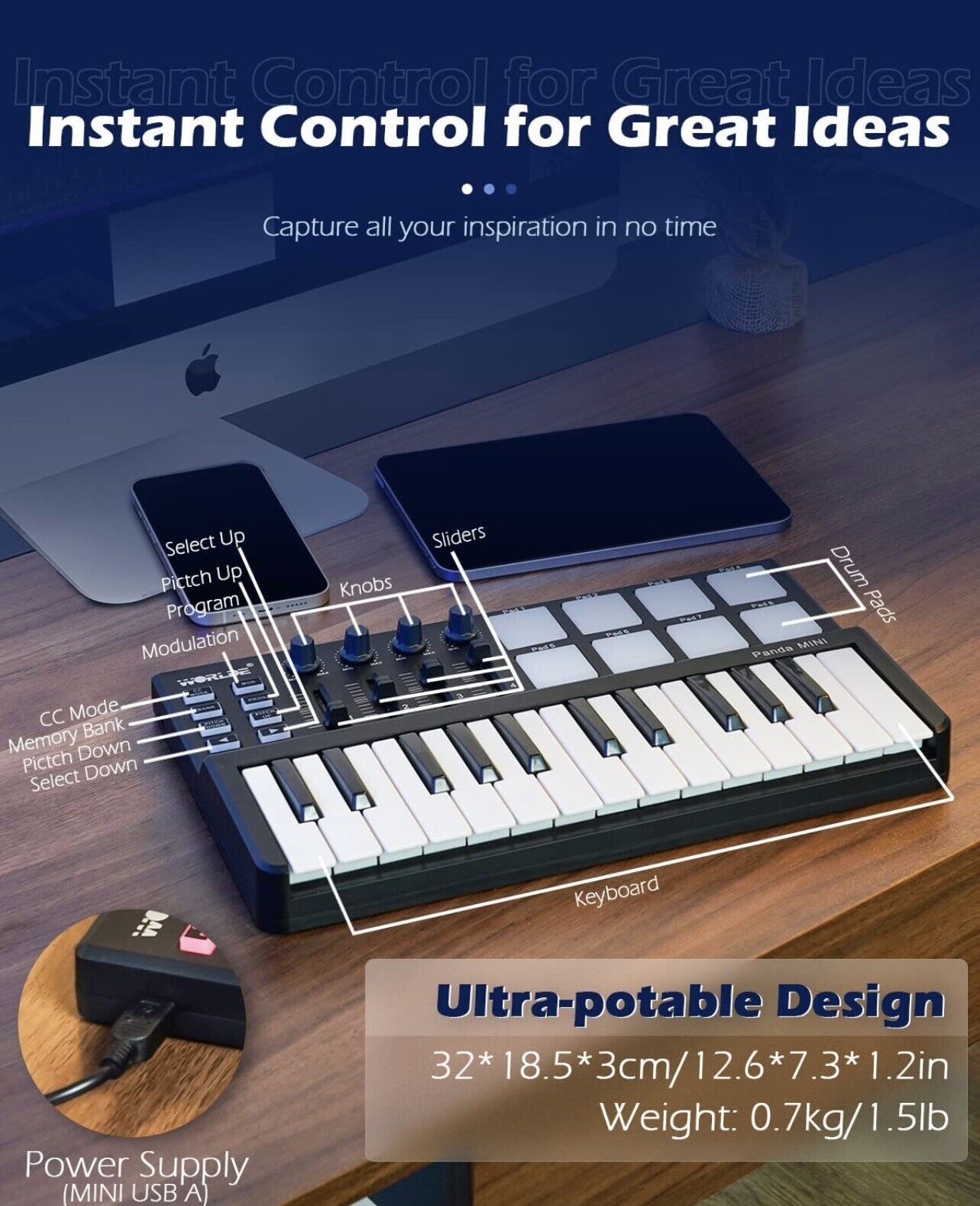 Worlde Panda Mini Black White 100mA 25 Key Portable USB MIDI Controller Keyboard - Fresh Stock Dated February 2026