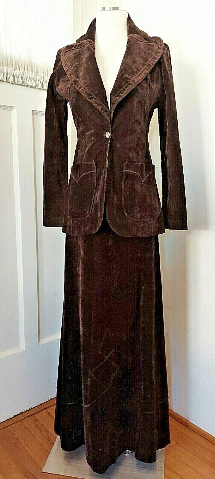 70’s Vintage Campus Casuals California MAXI SKIRT & BLAZER Crushed Velvet  BROWN - Fresh Stock Dated March 2026