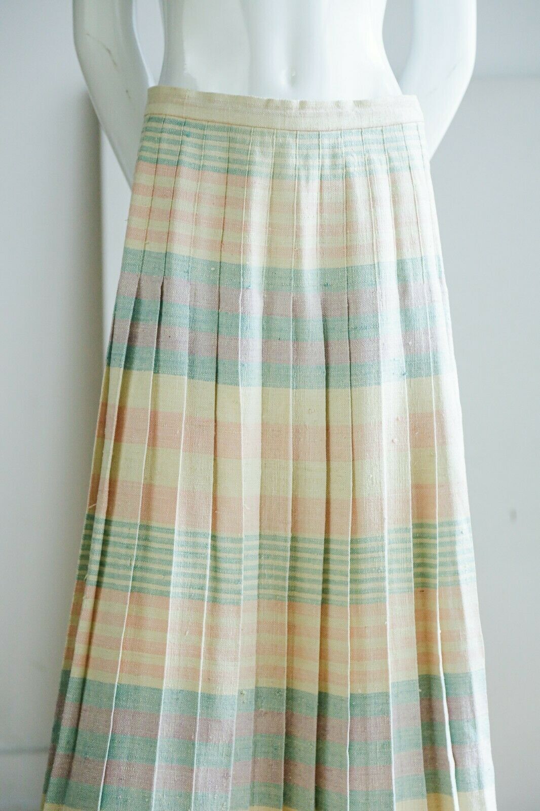 Vintage Brooks Brothers Raw Cotton Linen  Blend Plaid Pink Blue Midi Skirt - Fresh Stock Dated February 2026