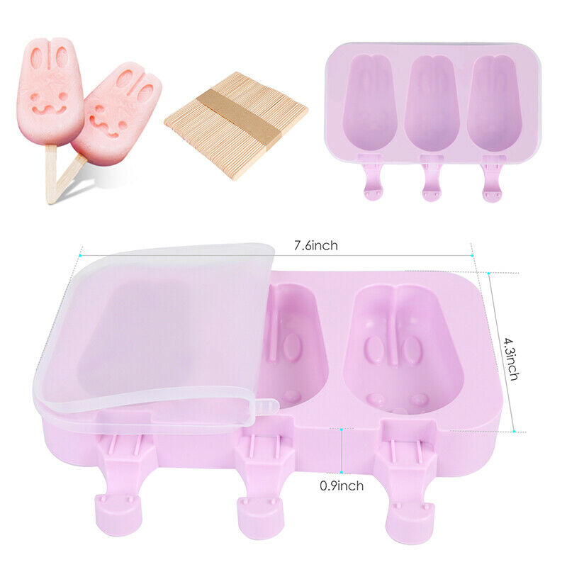 3 Cell Rabbit Silicone Ice Cream Pop Mold Popsicle Maker Mould with 50pcs Sticks - Fresh Stock Dated February 2026