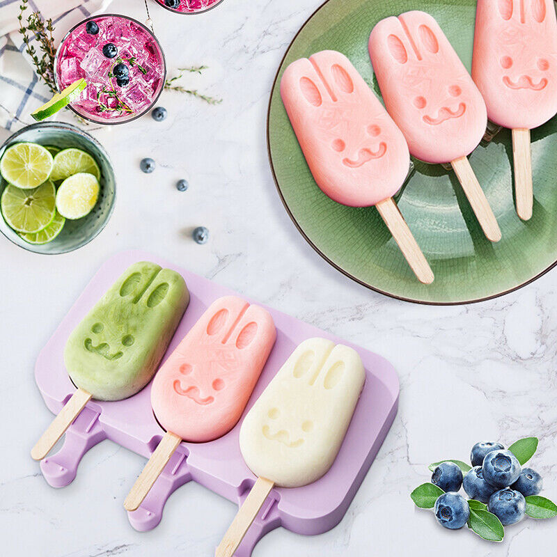 3 Cell Rabbit Silicone Ice Cream Pop Mold Popsicle Maker Mould with 50pcs Sticks - Fresh Stock Dated February 2026