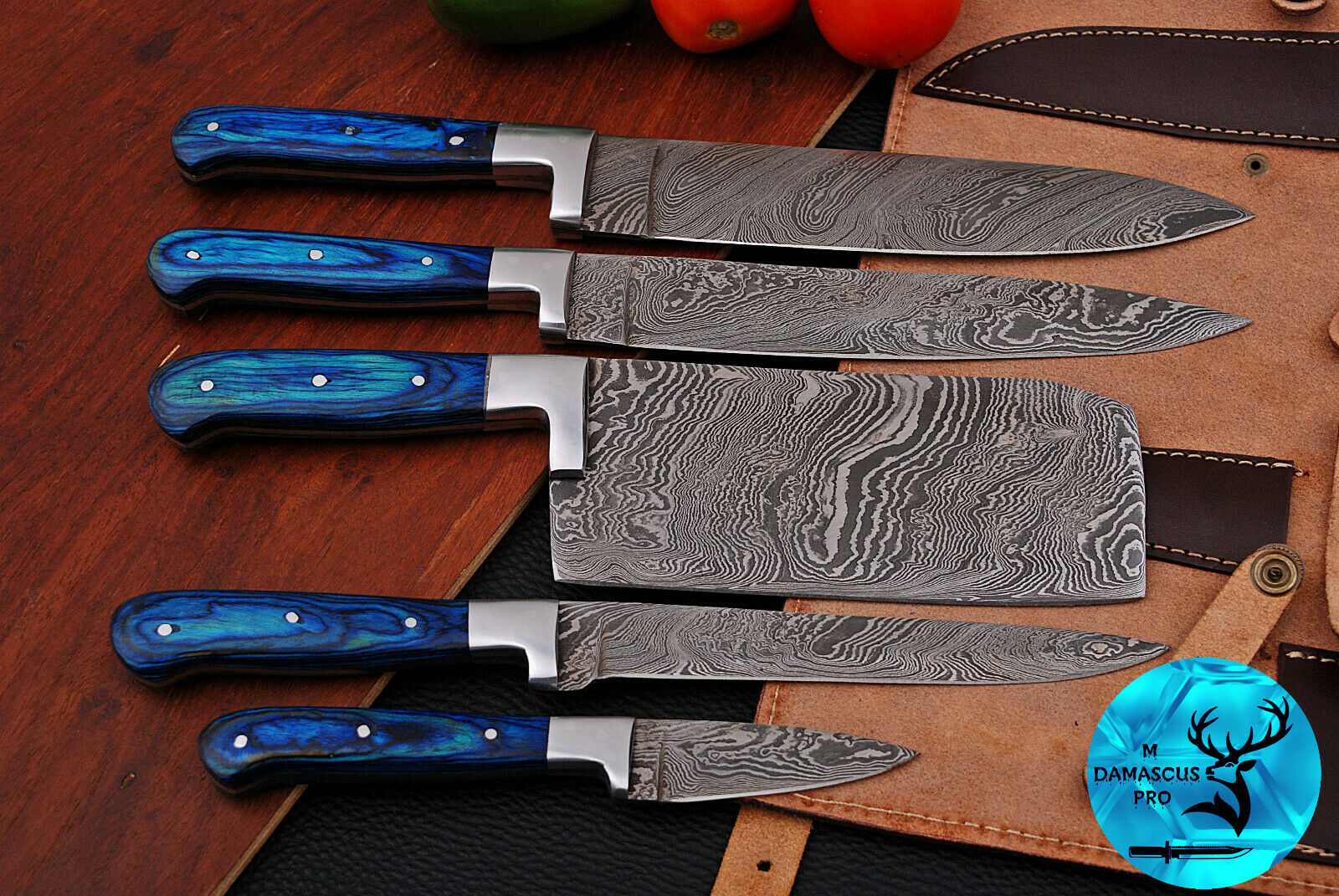 DAMASCUS STEEL CHEF KITCHEN KNIFE SET WITH WOOD & STEEL GUARD HANDLE - AJ 1575 - Fresh Stock Dated December 2025