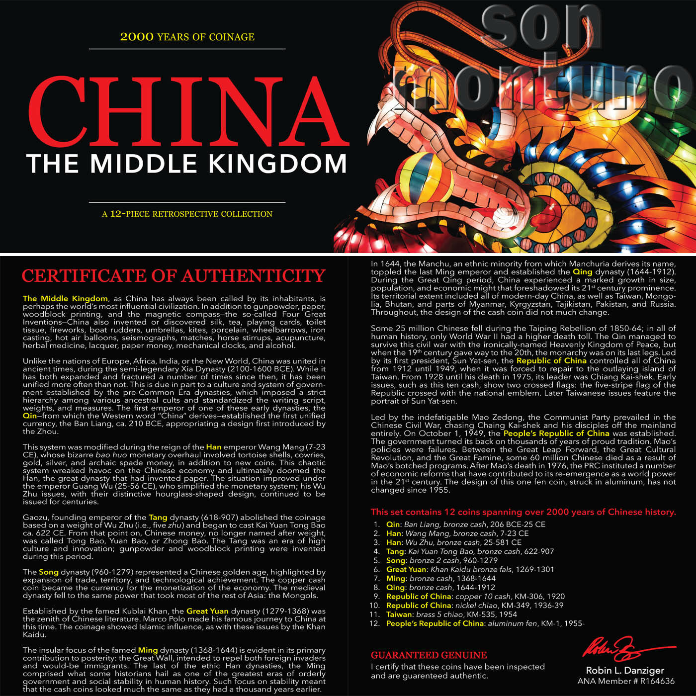 CHINA - The Middle Kingdom - Retrospective Set of 12 Coins in Wood Box with COA - Fresh Stock Dated February 2026