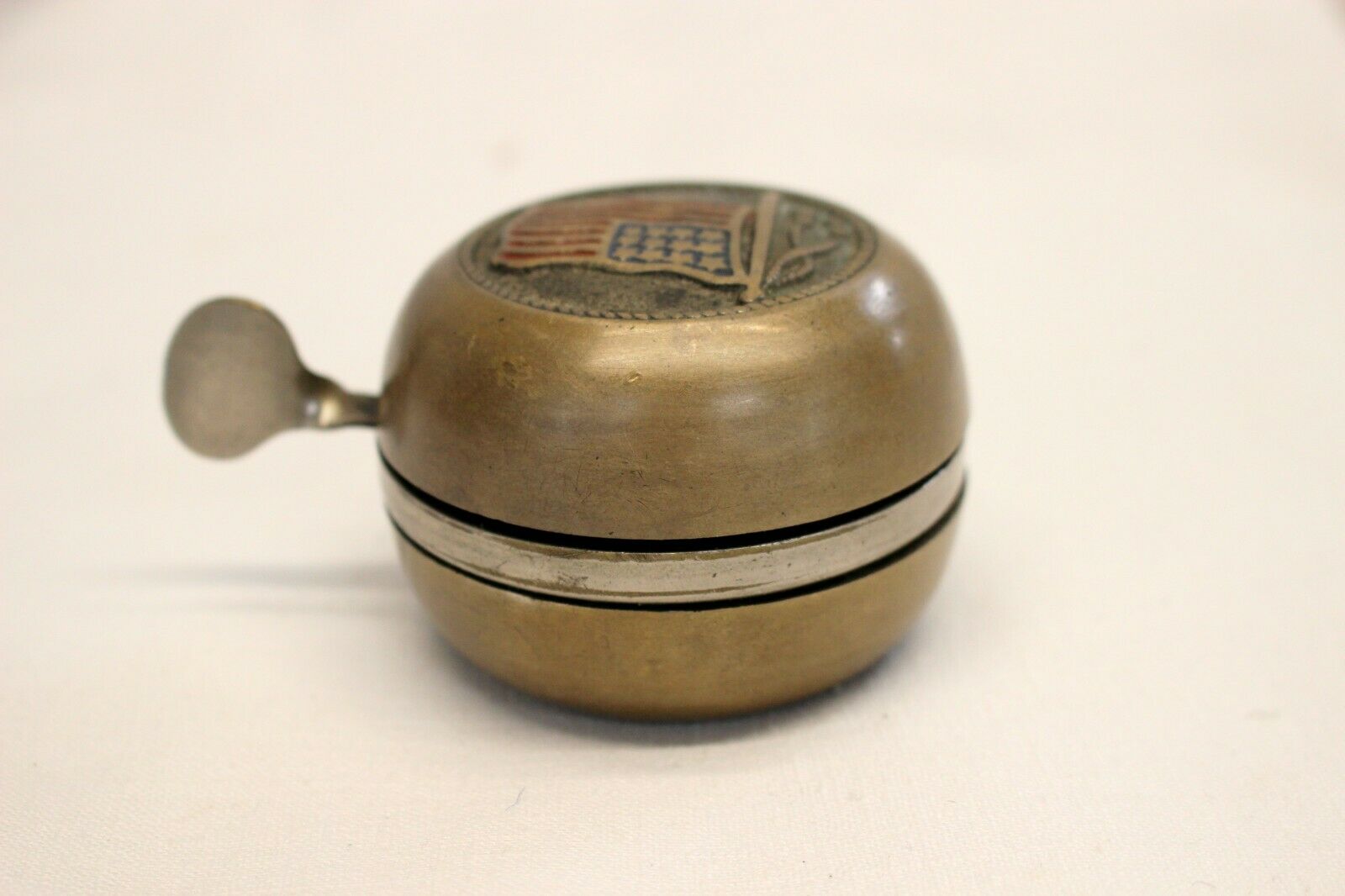 early AMERICAN FLAG Themed Bicycle BELL Made in USA Handlebars Bracket WORKING - Fresh Stock Dated December 2025