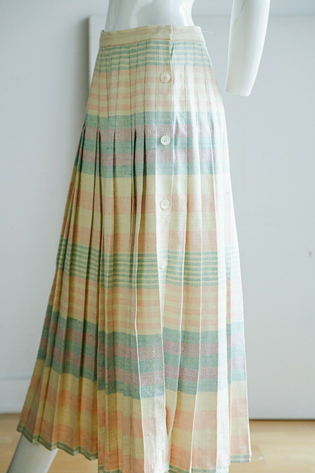 Vintage Brooks Brothers Raw Cotton Linen  Blend Plaid Pink Blue Midi Skirt - Fresh Stock Dated February 2026