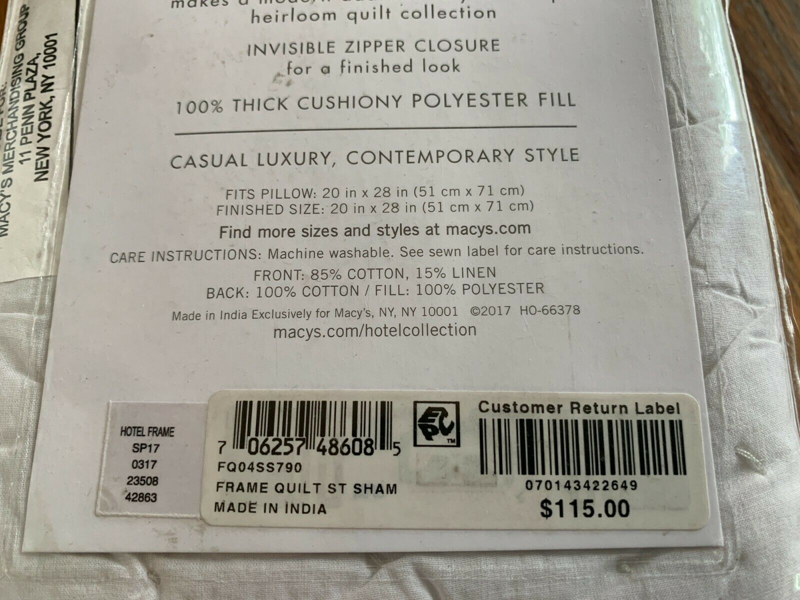 NEW HOTEL COLLECTION Frame Quilt Standard Pillow Sham Luxury Contemporary Style - Fresh Stock Dated December 2025