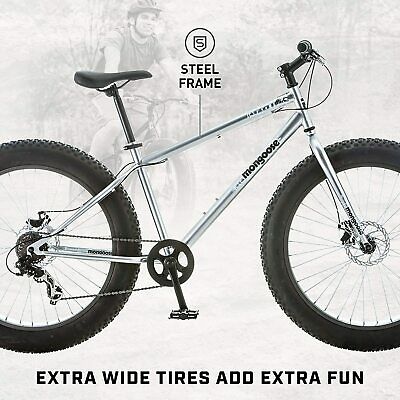 Fat Tire Mountain Bike Mongoose Malus 26 Inch Wheels 7 Speed 18 In Frame Silver - Fresh Stock Dated February 2026