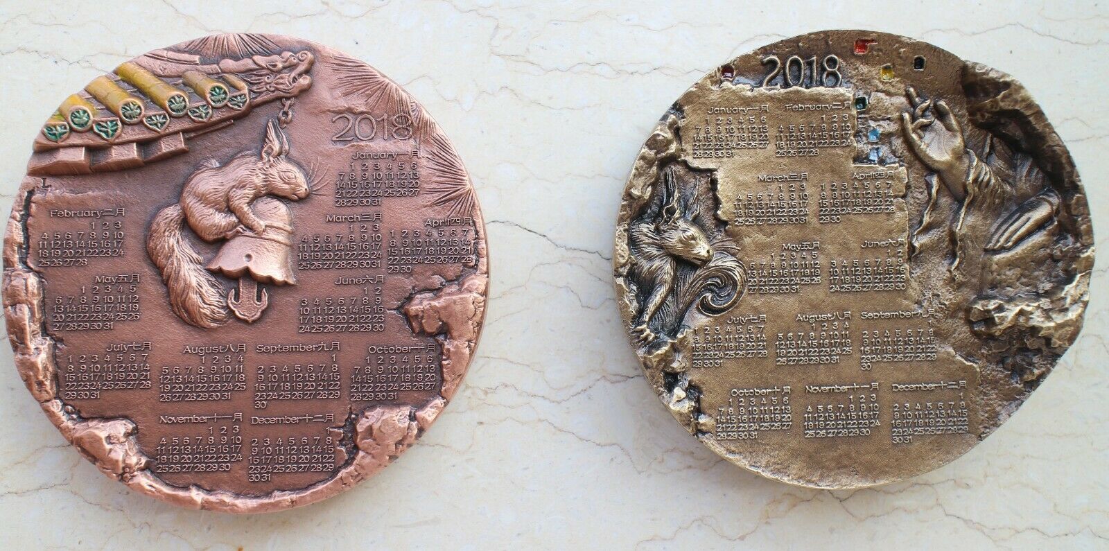 A Pair of China 76mm Enamel Medals (Brass and Copper) - Squirrel - 2018 Calendar - Fresh Stock Dated February 2026