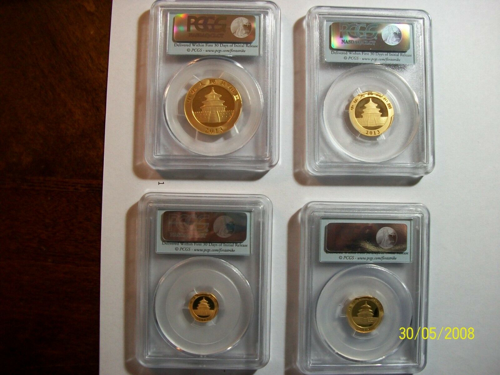 2013 CHINA  PURE GOLD PANDA 4 COINS SET PCGS MS 70 FIRST STRIKE - Fresh Stock Dated February 2026
