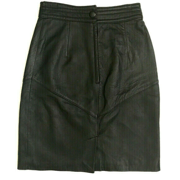 Vintage Brass Plum Black Leather Mini Skirt Sz 7 High Waisted Moto Paneling 80s - Fresh Stock Dated February 2026