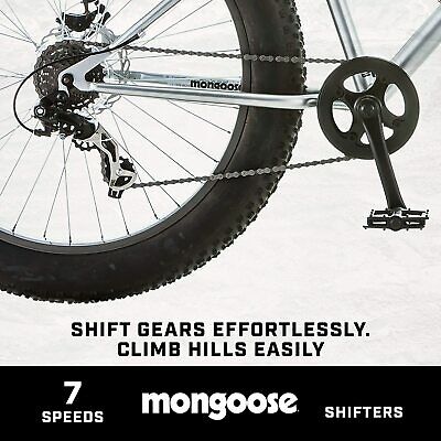Fat Tire Mountain Bike Mongoose Malus 26 Inch Wheels 7 Speed 18 In Frame Silver - Fresh Stock Dated February 2026