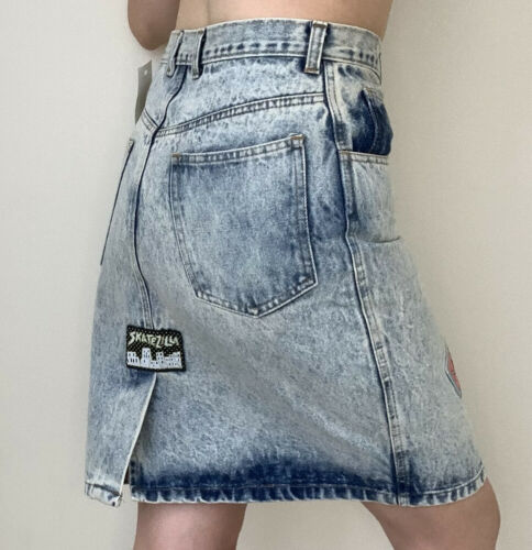 Deadstock 1980s Acid wash Denim Jean Skirt Patches Cotton Small 4/6 Stone Knee - Fresh Stock Dated February 2026