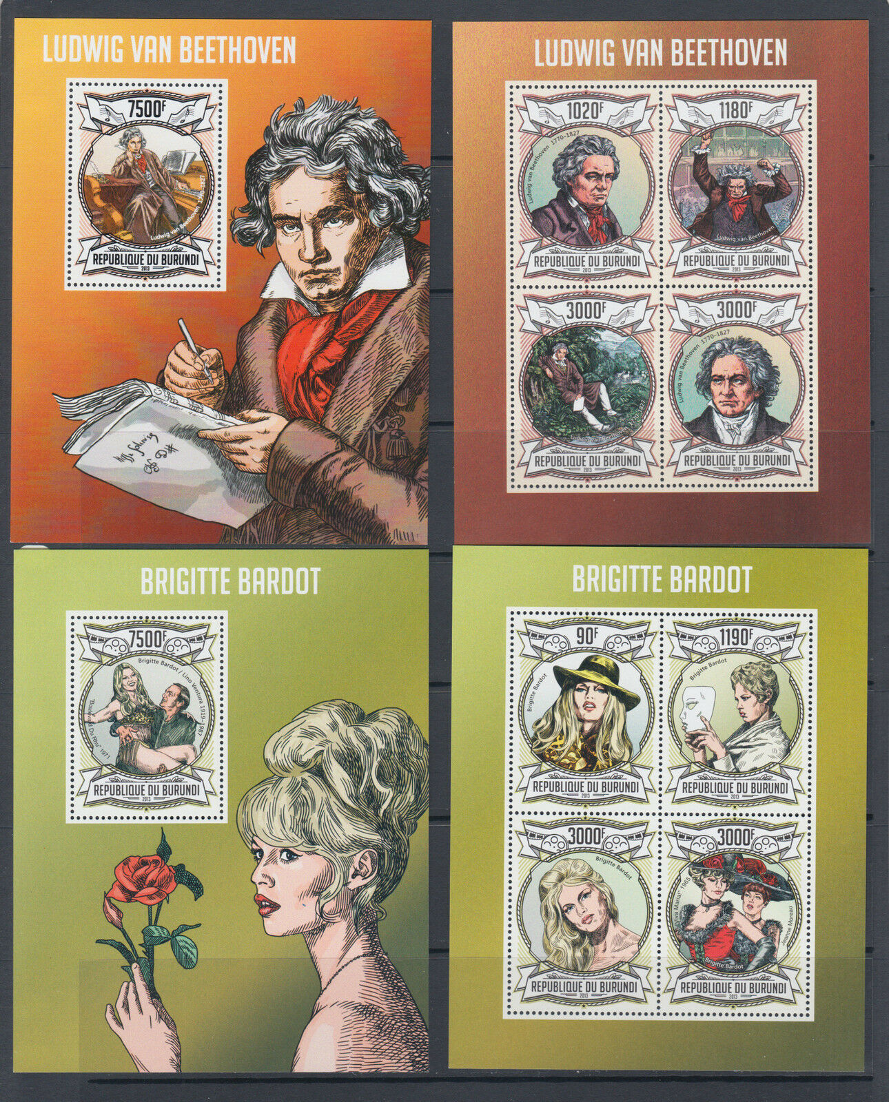 Burundi Sc 1291-1340 MNH. 2013 Artists, Actors & Musicians, cplt set of 50 s/s - Fresh Stock Dated January 2026