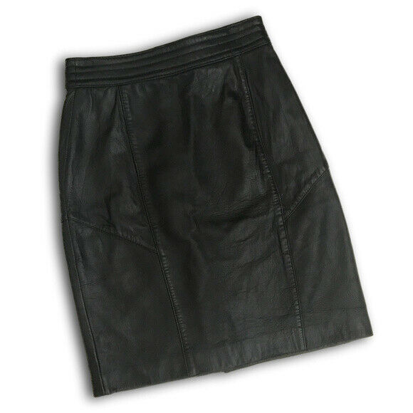 Vintage Brass Plum Black Leather Mini Skirt Sz 7 High Waisted Moto Paneling 80s - Fresh Stock Dated February 2026