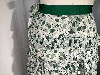 Vintage ruffled Skirt green Midi 100% cotton 30’s Leaf heart S ribbon waist Zip - Fresh Stock Dated March 2026