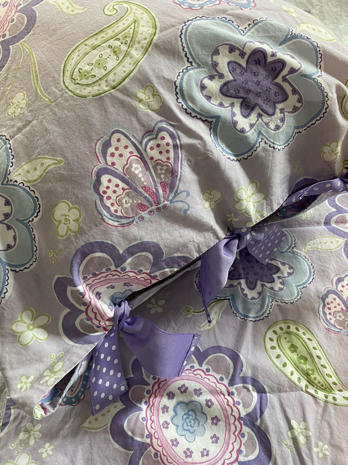 PAIR Purple Flowered Paisley Ribbon Tie Pottery Barn Kids Standard Cotton Shams - Fresh Stock Dated December 2025