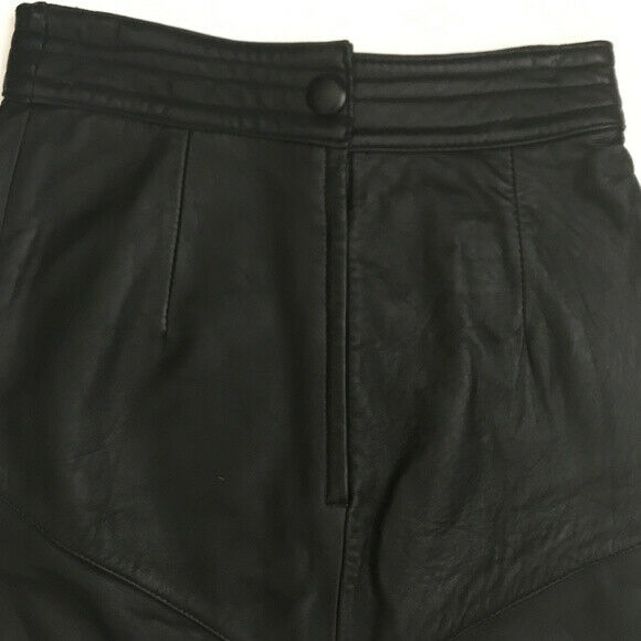 Vintage Brass Plum Black Leather Mini Skirt Sz 7 High Waisted Moto Paneling 80s - Fresh Stock Dated February 2026