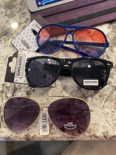 Three pairs of unisex sunglasses, black gold and blue￼ - Fresh Stock Dated February 2026
