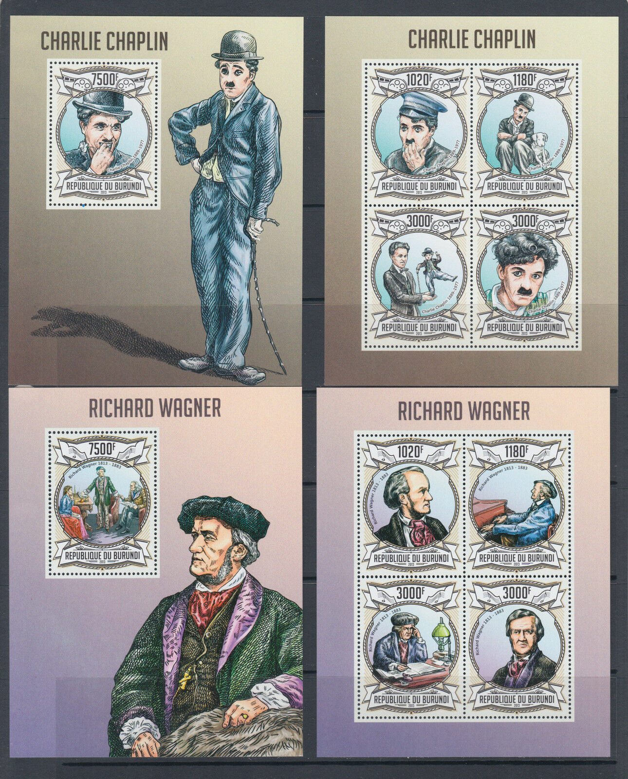 Burundi Sc 1291-1340 MNH. 2013 Artists, Actors & Musicians, cplt set of 50 s/s - Fresh Stock Dated January 2026