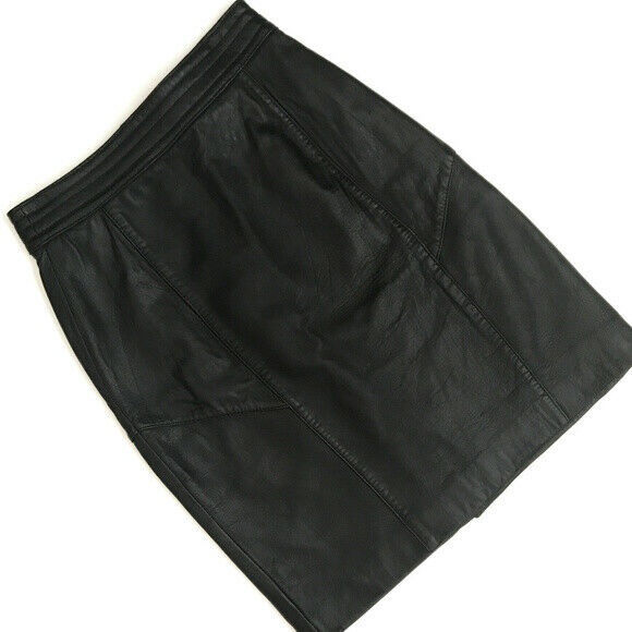 Vintage Brass Plum Black Leather Mini Skirt Sz 7 High Waisted Moto Paneling 80s - Fresh Stock Dated February 2026