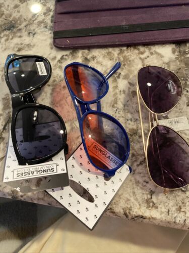 Three pairs of unisex sunglasses, black gold and blue￼ - Fresh Stock Dated February 2026