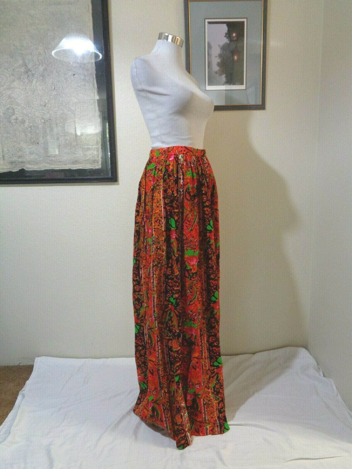 1960s MOD BOHO HAND MADE ORANGE/PINK/BLACK FLORAL PRINT FULL MAXI SKIRT SZ S/M - Fresh Stock Dated March 2026