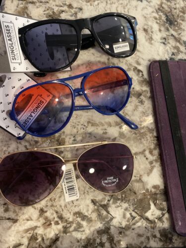 Three pairs of unisex sunglasses, black gold and blue￼ - Fresh Stock Dated February 2026