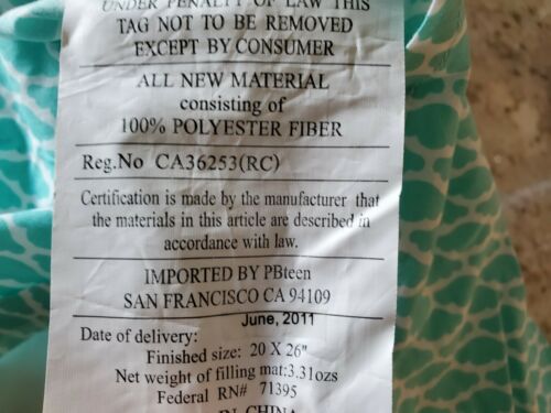 PB Teen Teal Lime Green Grey Black Quilted Reversible Pillow Sham 26x20