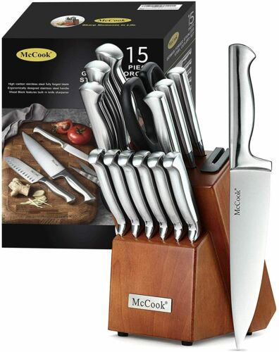 McCook MC29 15-Piece Kitchen Cutlery Set Knife Block Set Built-in Sharpener - Fresh Stock Dated December 2025